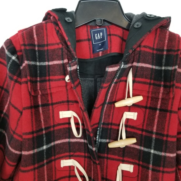 Gap Contrast Wool Blend Toggle Coat Sz M Red Black Plaid Classic Academia Hooded - Picture 8 of 11